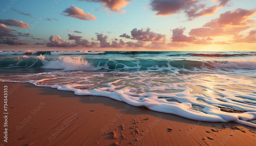 Obraz premium Sunset over the tranquil coastline, waves reflecting the beauty of nature generated by AI