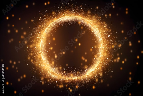 Gold glitter circle of light shine sparkles and golden spark particles in circle frame on black background. Christmas magic stars glow  firework confetti of glittery ring shimmer 