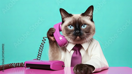  Siamese cat in suit talking on the phone while working on bright pastel background. advertisement. presentation. commercial. editorial. copy text space.