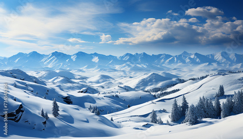 Tranquil winter landscape  snowy mountains, blue sky, and frozen forest generated by AI © Gstudio