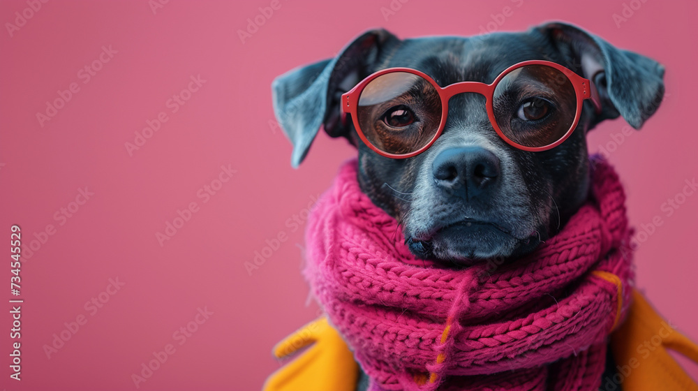 Portrait of A dog with vintage circle glasses on a soft pastel pink background