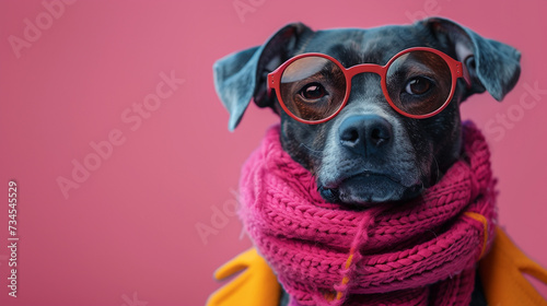 Portrait of A dog with vintage circle glasses on a soft pastel pink background