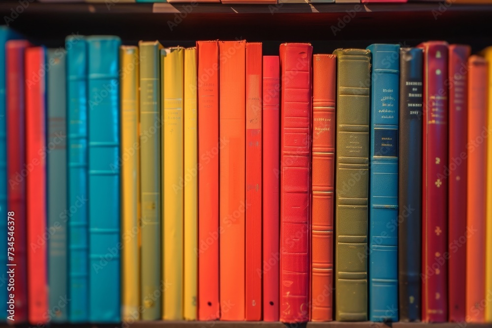 Fototapeta premium Colorful books on blurred bookshelf