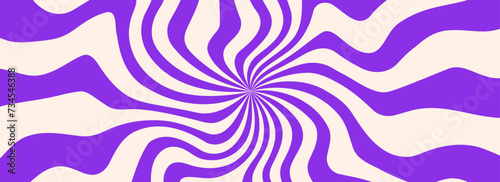 Trippy purple burst lines background. Retro psychedelic wavy stripes wallpaper. Groovy twisted sun burst swirl. Distorted curly wave texture design for poster, banner, flyer, cover. Vector backdrop
