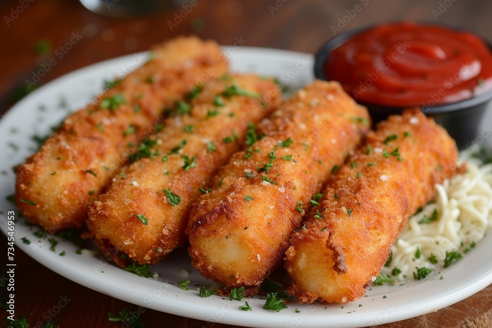 Breaded sticks of fried mozzarella cheese Breaded sticks of fried mozzarella cheese