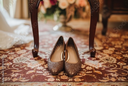 Brown shoes for a wedding placed on a brown carpet inside a room photo