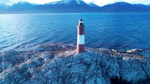 Sunset Lighthouse At Ushuaia Tierra Del Fuego Argentina. Navigation Fortress. Outdoor Travel Destination Patagonia Sundown. Outdoor Outside Patagonia Sunrise Above View. photo