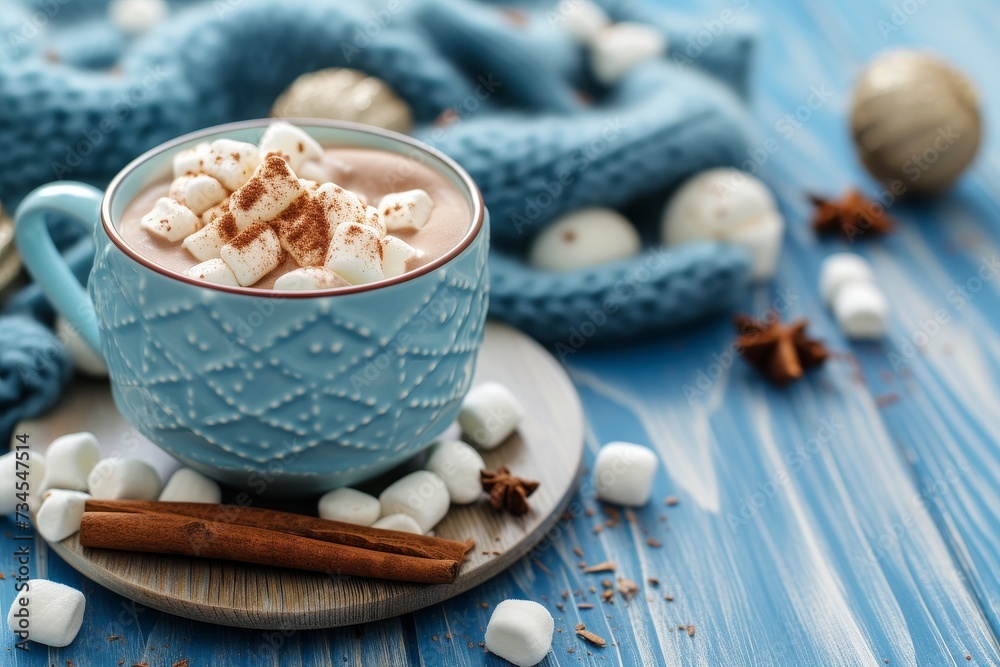Blue cup of hot chocolate with marshmallows and cinnamon on a blue wooden background representing winter and holidays Focus on details Blue cup of hot chocolate with marshmallows and cinnamon on a blue wooden background representing winter and holidays Focus on details
