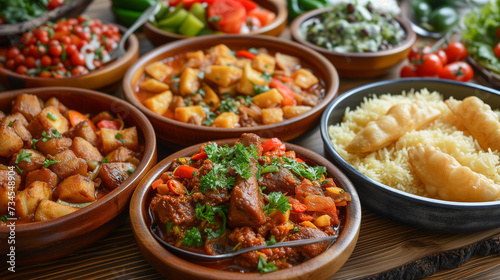 Multicultural feasts. Bowls full of various warm winter meals. Potatoes, meat and salads.