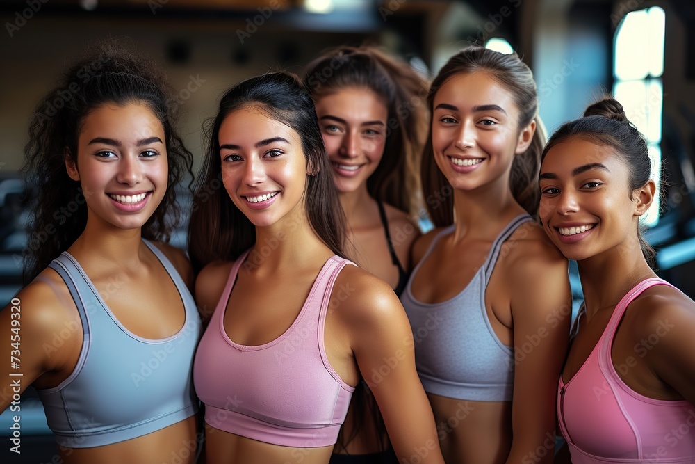 Empowered Fitness Collective Group of Young Sporty Women Showcasing Strength and Style in Gym Sportswear Pose Together