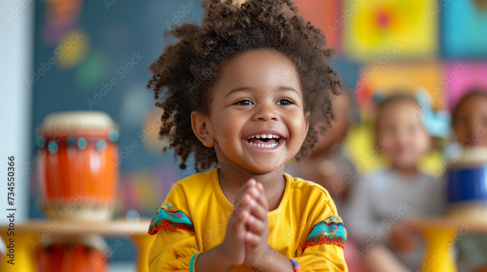 Cute black toddler boy clapping while listening to music in a day care classroom. - obrazy, fototapety, plakaty 