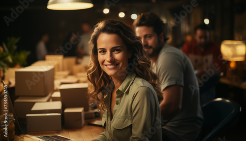 A protrait of a working female smiling and facing the camera in a warehouse  photo
