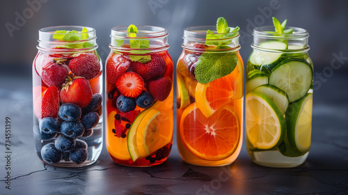 Fruit infused water in glass jars. Containing lots of various fruits inside. Berries, citrus fruit and mint leaves.