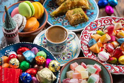 Turkish Coffee in the Colorful Eid Candy and Chocolate, Traditional Ottoman Desserts, Turkish Delight and Baklava Photo, Üsküdar Istanbul, Turkiye (Turkey) © raul77