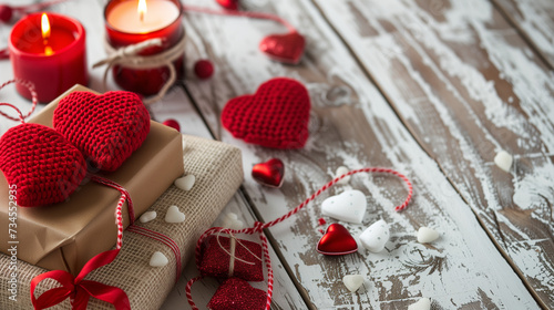 Hearts presents and candles in red on a white wooden background valentine's Day