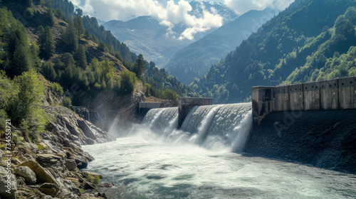 A hydroelectric dam releasing water into a river, set against a backdrop of lush mountains and a cloudy sky. Clean energy electric generator sustainable lifestyle concept. © Davin