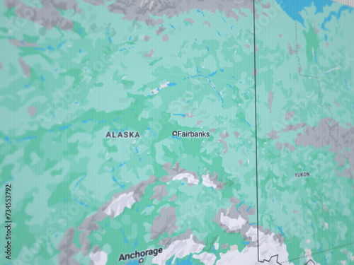 Fototapeta Naklejka Na Ścianę i Meble -  3d rendering illustration of lcd screen with Alaska map and Fairbanks in focus