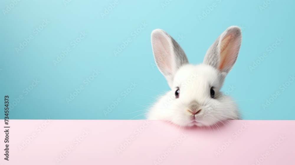 Creative animal concept. rabbit peeking over pastel bright background