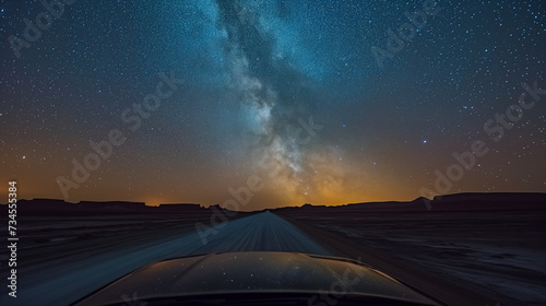View of the milky way while stargazing in the dessert from the car at night. Beautiful lights in the sky.
