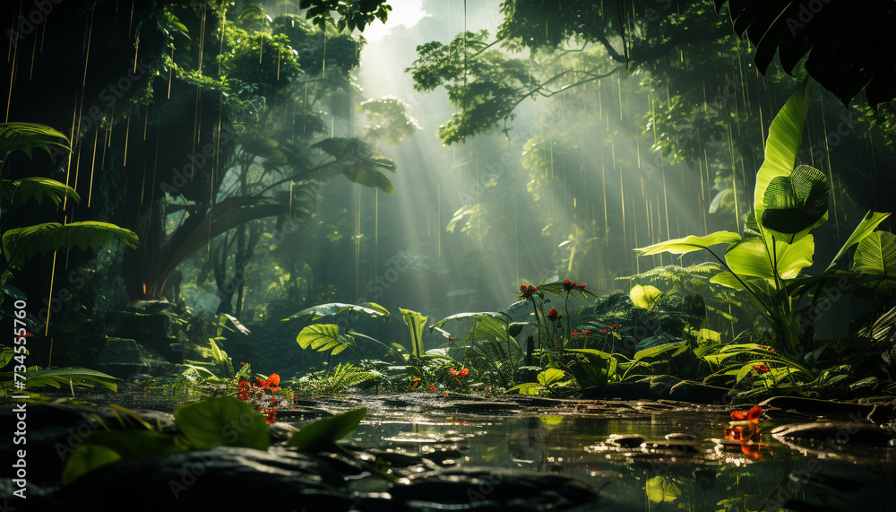 Tranquil scene  green leaves, fresh water, tropical rainforest beauty generated by AI