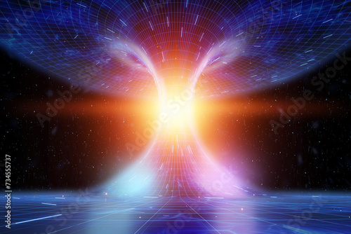 Fototapeta Naklejka Na Ścianę i Meble -  The coiled space of time is connected by a tunnel or wormhole, the Einstein-Rosen Bridge. Science Fiction, space travel, overcoming the speed of light. 3D illustration, 3d rendering, copy space.