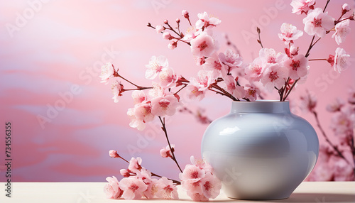 Fresh pink blossoms decorate the table, bringing nature indoors generated by AI
