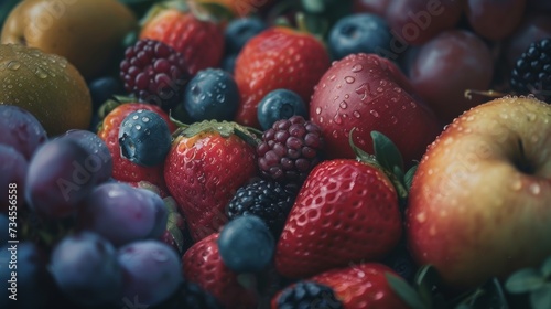 Close-up of mixed berries and fresh fruit with water droplets  highlighting the vibrant colors and freshness of the produce.