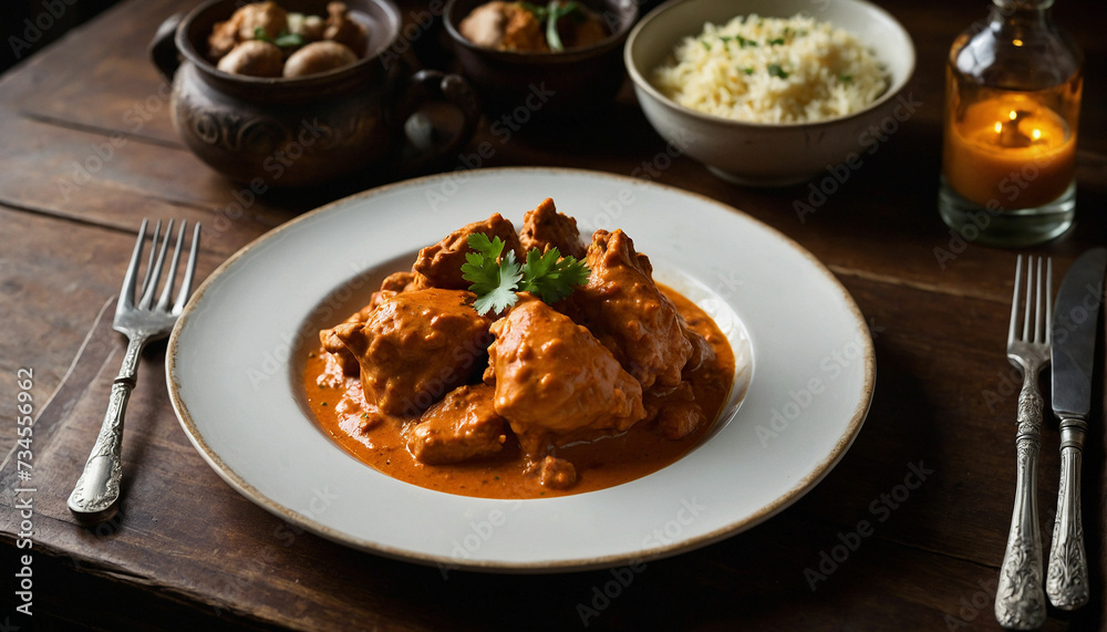 A serving of butter chicken arranged elegantly on a vintage white plate, juxtaposed against the deep, earthy tones of a dark wooden table, creating a visually striking composition