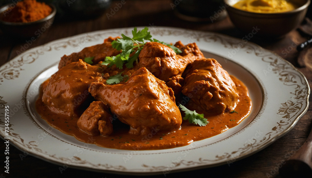 A serving of butter chicken arranged elegantly on a vintage white plate, juxtaposed against the deep, earthy tones of a dark wooden table, creating a visually striking composition