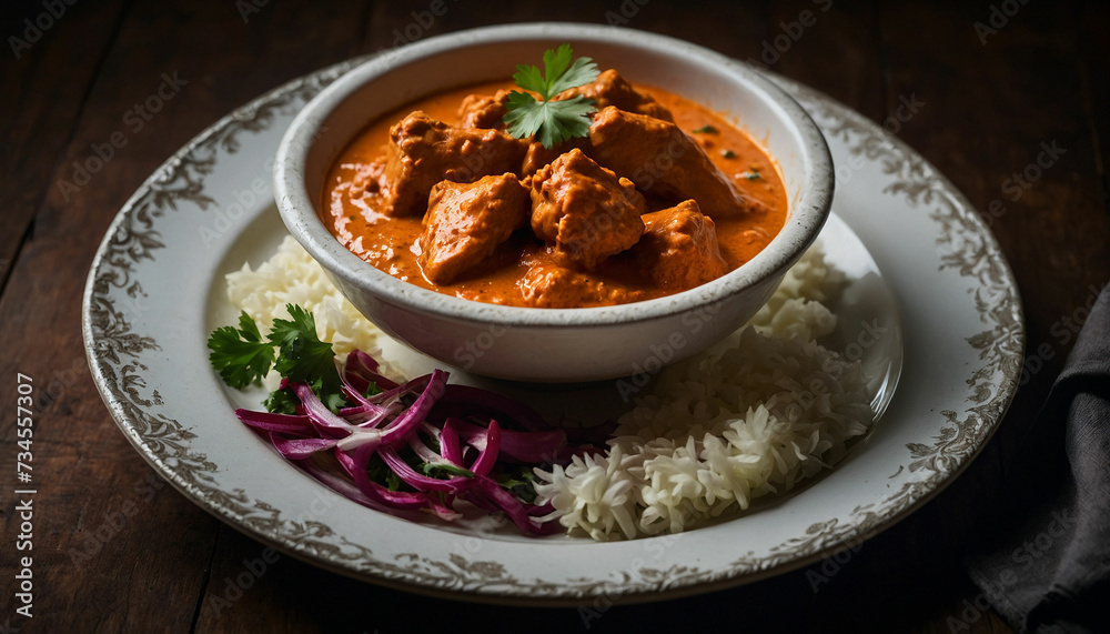 A serving of butter chicken arranged elegantly on a vintage white plate, juxtaposed against the deep, earthy tones of a dark wooden table, creating a visually striking composition