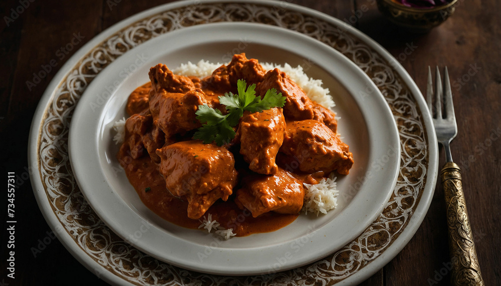 A serving of butter chicken arranged elegantly on a vintage white plate, juxtaposed against the deep, earthy tones of a dark wooden table, creating a visually striking composition A serving of butter chicken arranged elegantly on a vintage white plate, juxtaposed against the deep, earthy tones of a dark wooden table, creating a visually striking composition