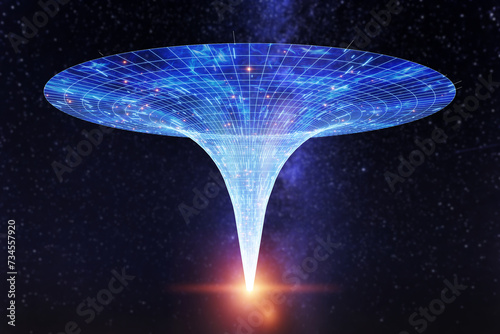 The coiled space of time is connected by a tunnel or wormhole, the Einstein-Rosen Bridge. Science Fiction, space travel, overcoming the speed of light. 3D illustration, 3d rendering, copy space.