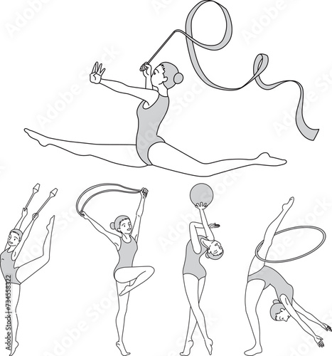 新体操のモノクロ線画セット／Rhythmic gymnastics monochrome line drawing set