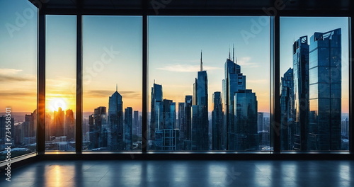 Empty office in Business centr with many glass windows in sunset with panoramic skyline city arhitecture.  business background with skyscrapers, business office buildings. banner photo