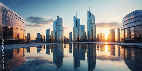 Panoramic city skyline .Reflective skyscrapers business office buildings.Business City buildings with many glass windows in sunset. Abstract business background with city arhitecture. . banner