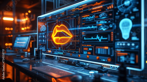 On a computer screen, a glowing digital lip graphic is displayed, symbolizing voice or speech technology photo