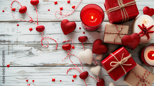 Hearts presents and candles in red on a white wooden background valentine's Day