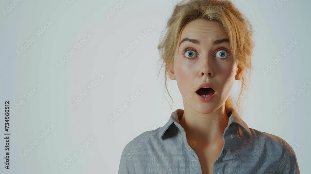 Woman with stunned shocked face. indoor studio shot isolated on white background
