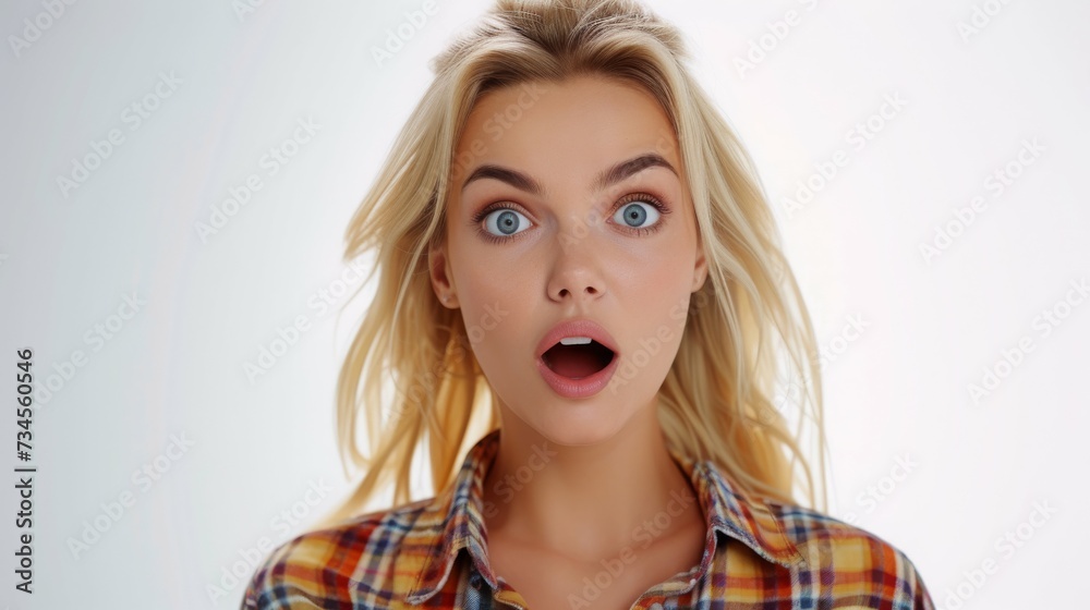 Woman with stunned shocked face. indoor studio shot isolated on white background
Woman with stunned shocked face. indoor studio shot isolated on white background
