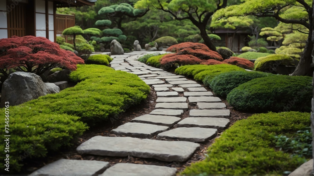 Beautiful japanese garden with a bricks walkway winding its way through from Generative AI
