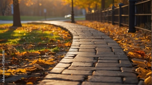 Beautiful autumn park with a bricks walkway winding its way through at sunset from Generative AI