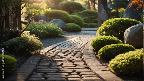 Beautiful japanese garden with a bricks walkway winding its way through at morning with sunlight rays from Generative AI