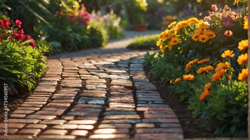 Beautiful summer garden with a bricks walkway winding its way through flowers at morning with sunlight rays from Generative AI