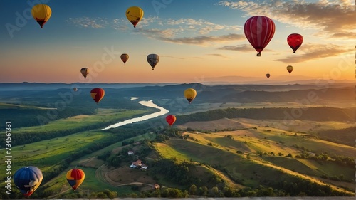 Hot air balloons floating over scenic landscape view for celebrations and greeting card from Generative AI