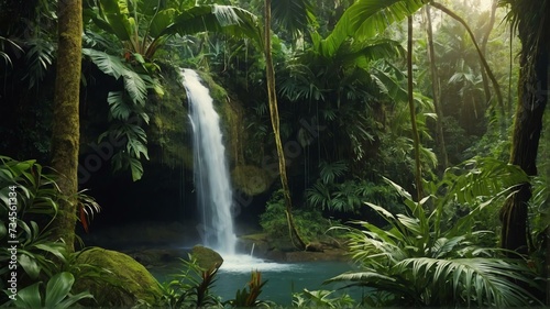 Lush tropical jungles and rainforests landscape view for celebrations and greeting card from Generative AI © sevenSkies