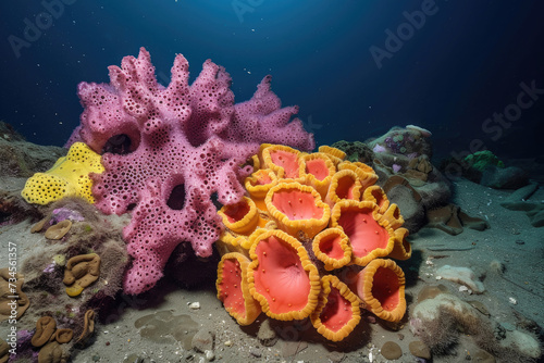 The diverse shapes and colors of deep-sea sponges in their natural habitat © Veniamin Kraskov