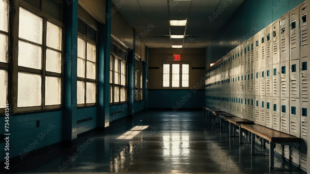 Middle school or high school hallway corridor with old student lockers on the side from Generative AI