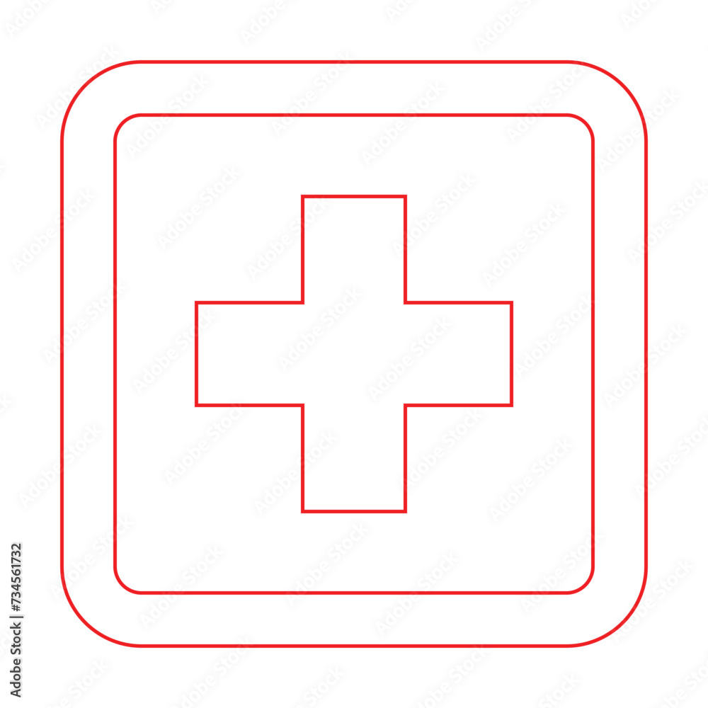 Obraz premium Red cross first aid square outline sign medicine Symbol health hospital care icon Isolated white. Emergency medic red white collection plus logo design for web mobile isolated on background