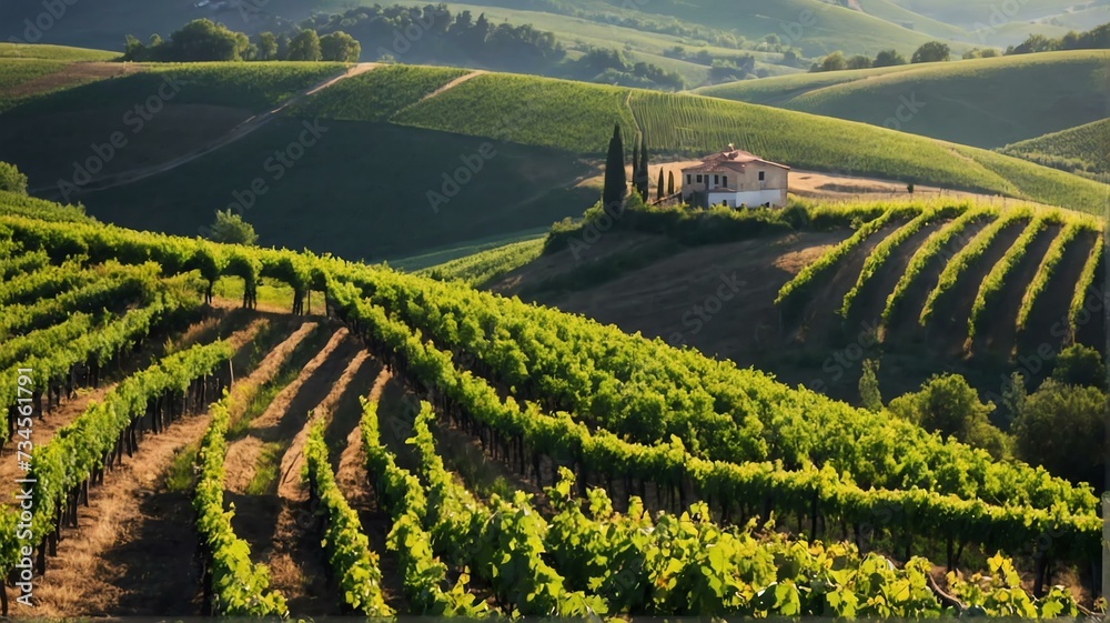 Fototapeta premium Rolling hills and vineyards in the countryside landscape view for celebrations and greeting card from Generative AI