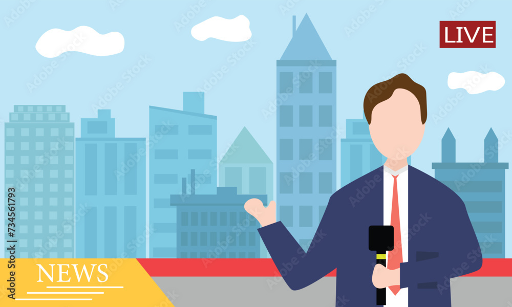 Reporter Anchoring on a live broadcast channel at a TV news studio. Flat vector illustration.